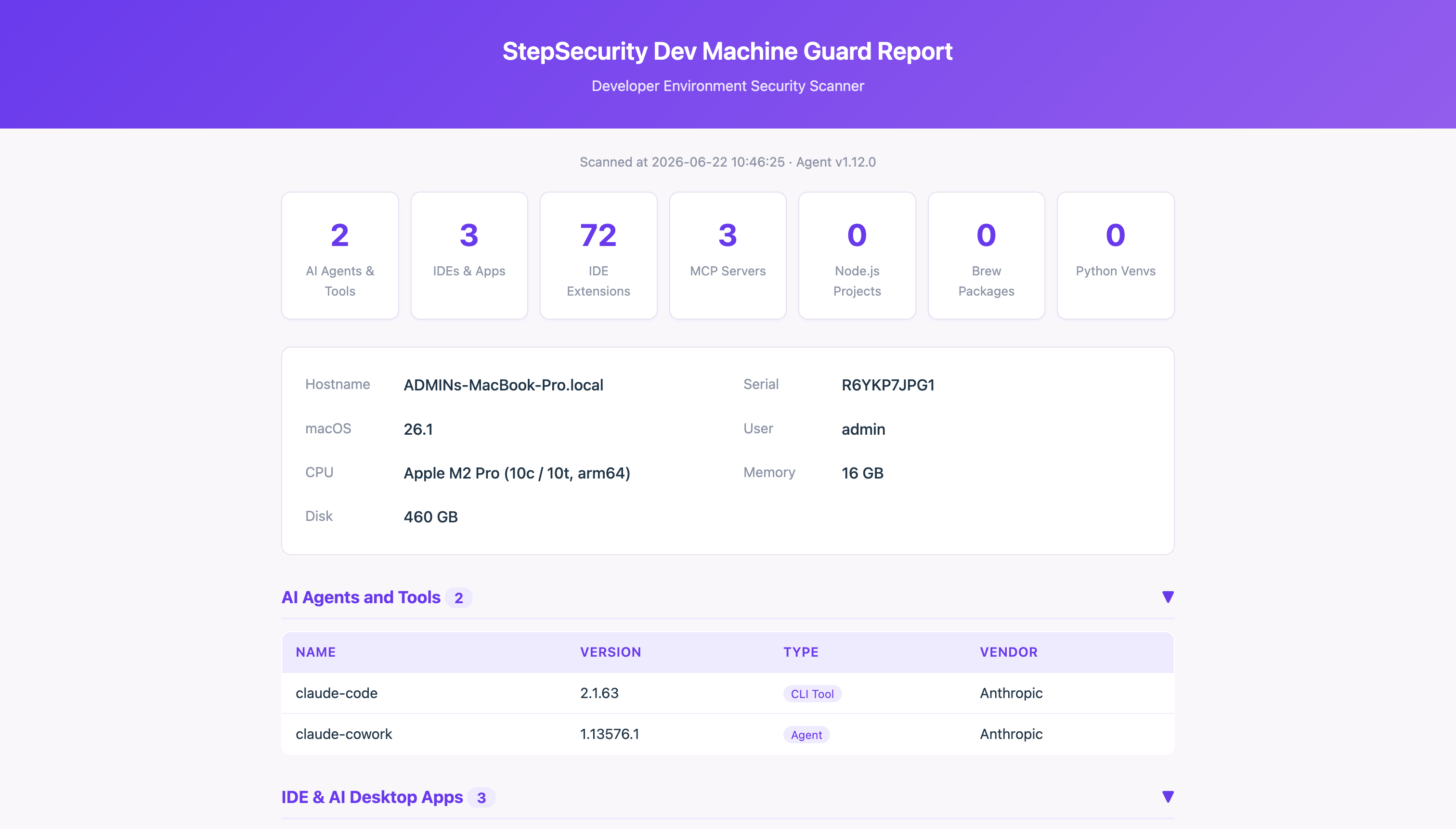 HTML report with summary cards, device info, and detailed tables