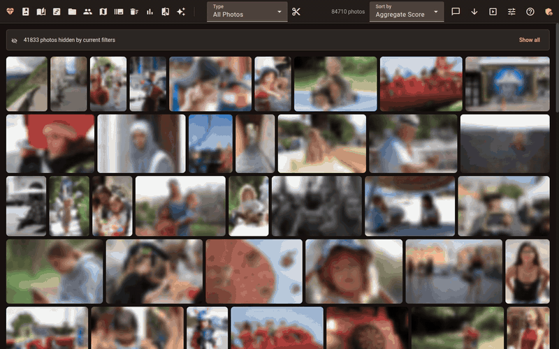 Facet in action — gallery, per-photo scoring, culling, capsules, timeline, map, and stats