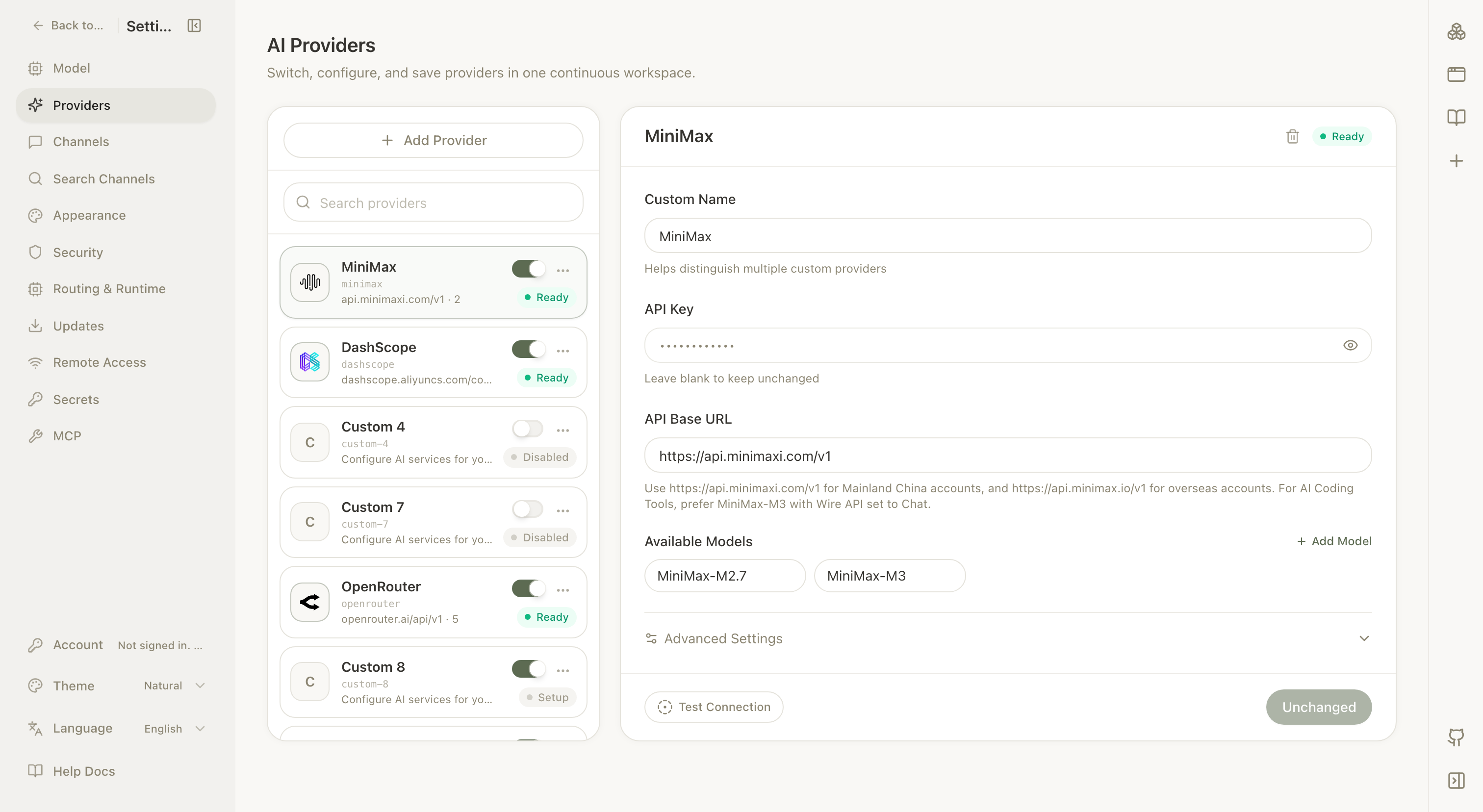 NextClaw model provider settings
