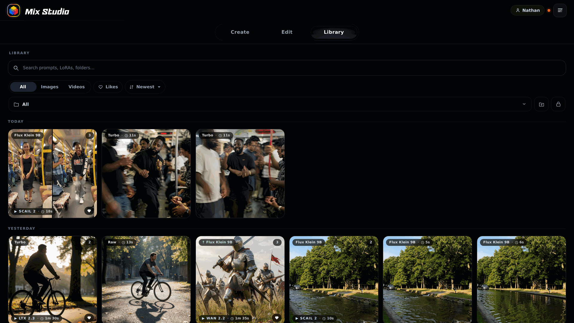 Library grid with model and duration badges