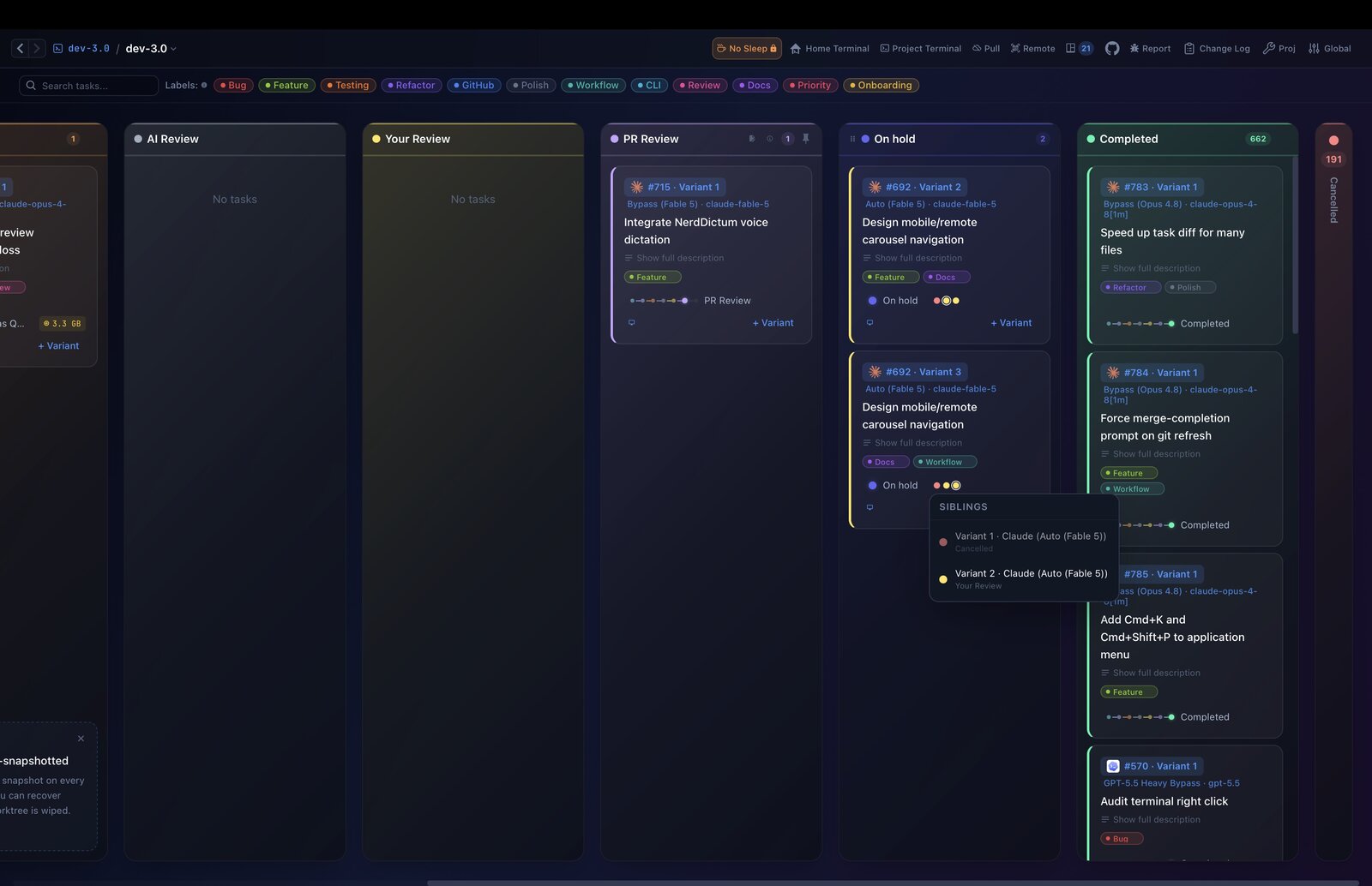 Sibling variants of one task, each on its own branch, with a popover to jump between them