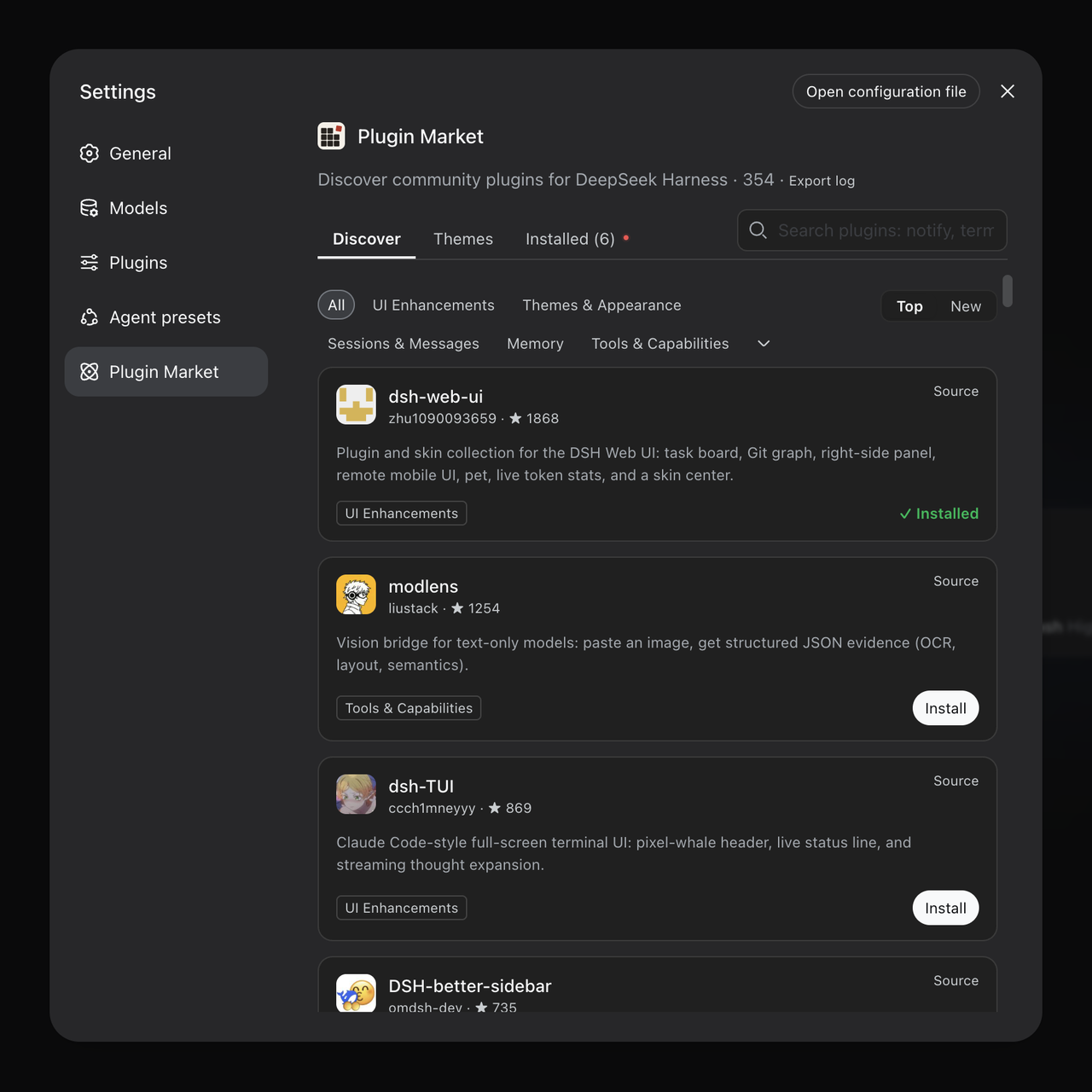 dsh-market plugin browser inside DeepSeek Harness Settings: searchable plugin cards with one-click Install, category filters and a Themes tab