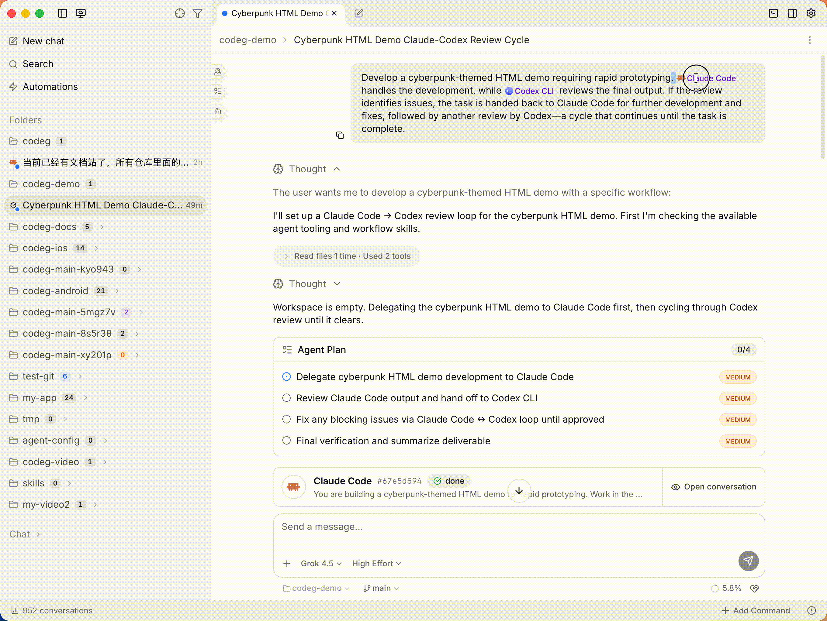 Delegating a task to sub-agents from a single Codeg conversation