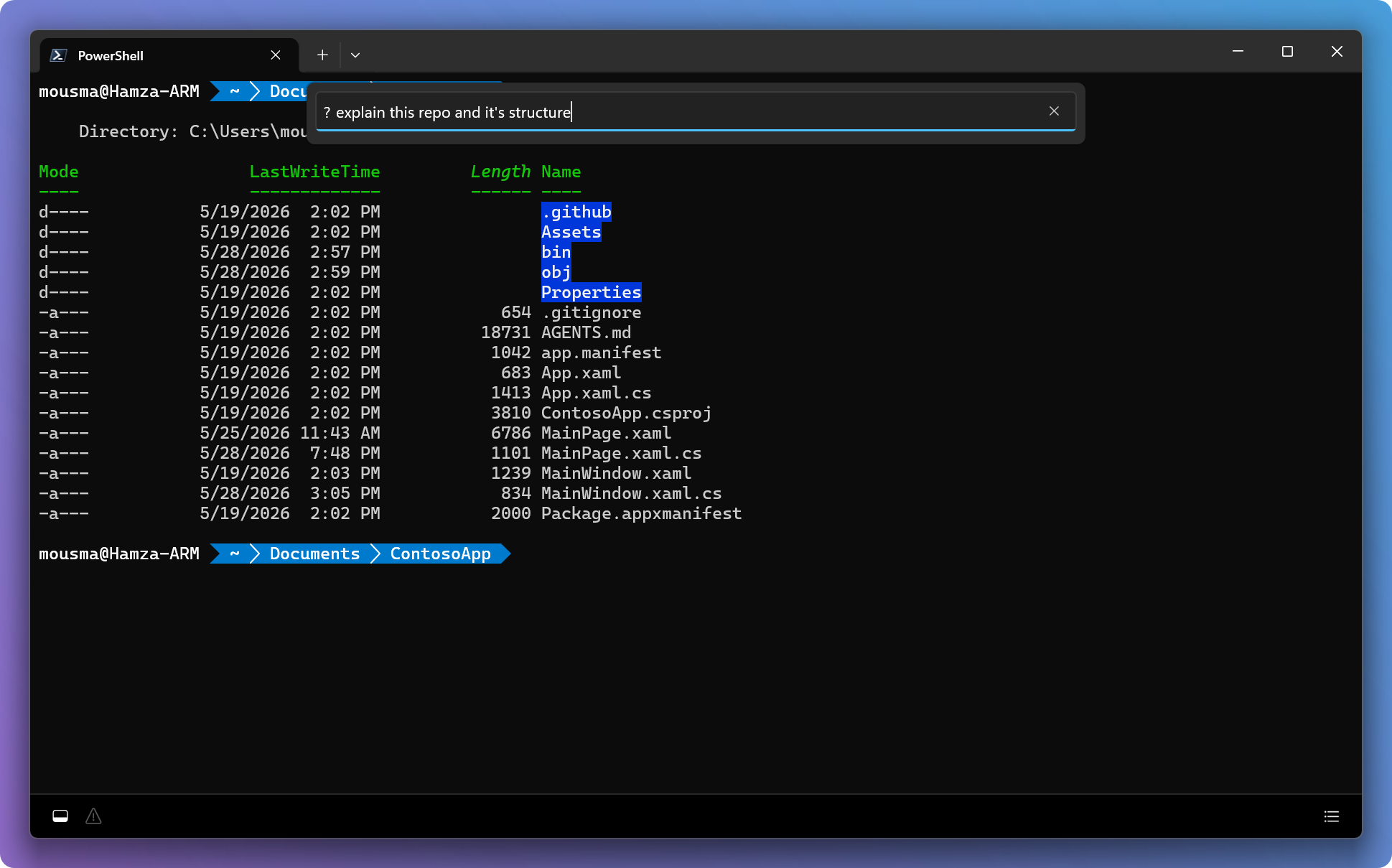 Screenshot of Command Palette with an agent prompt