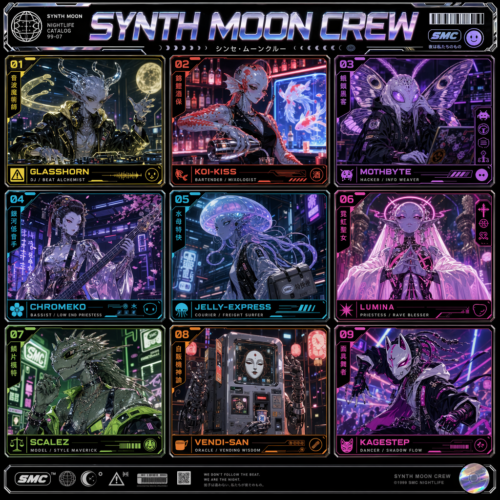 Synth Moon Crew cyberpunk alien nightlife grid