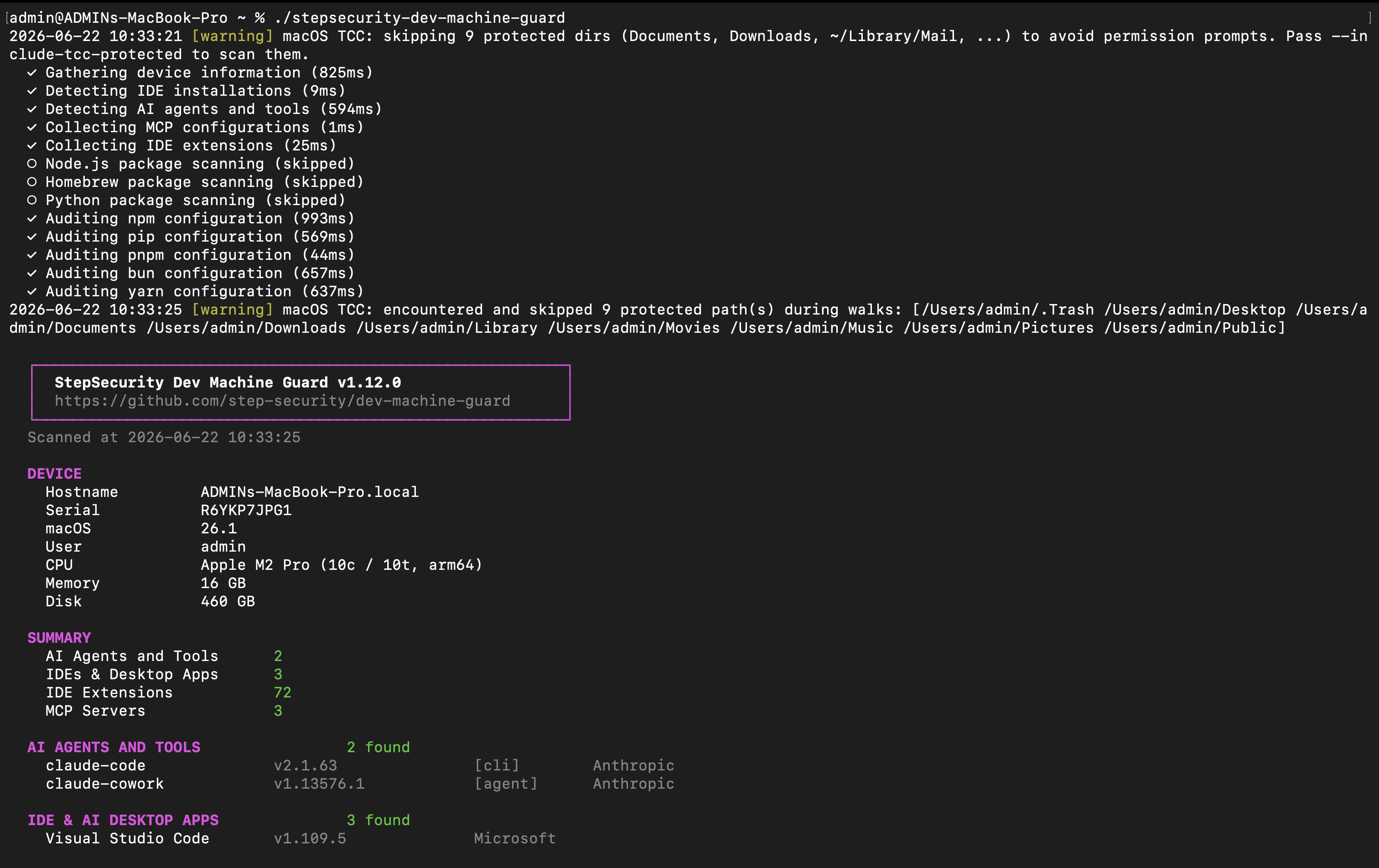 Pretty terminal output showing device info, AI agents, IDEs, MCP servers, and extensions