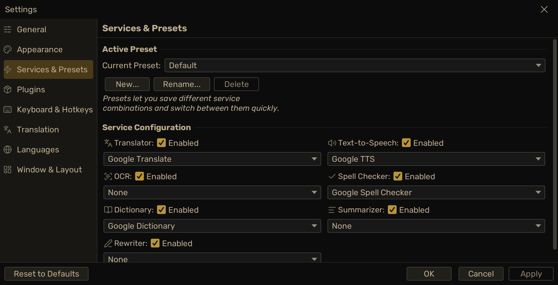 Settings — Services and Presets