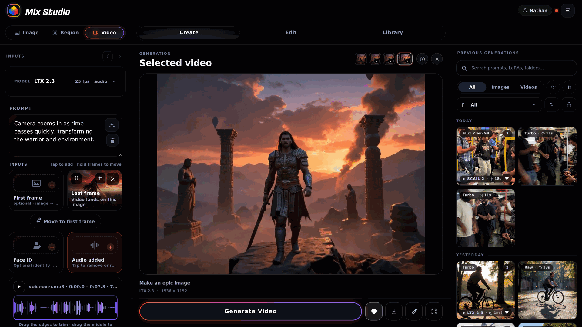 LTX 2.3 video workspace with motion prompt, last frame, and audio waveform