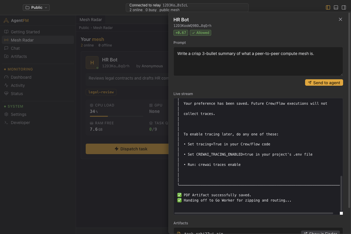 Dispatch — live-streamed task output with a trust badge