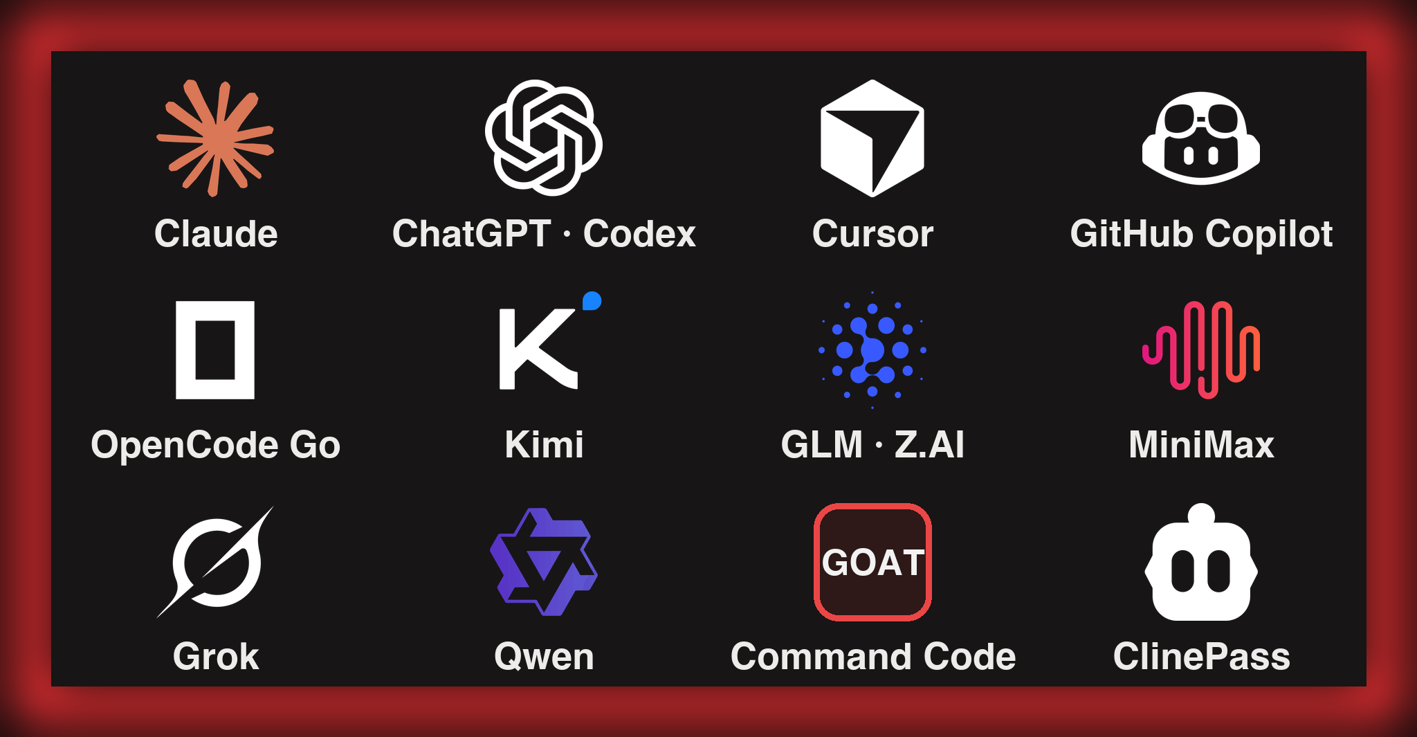 Coding plans and providers GJC runs on: Claude, ChatGPT/Codex, Cursor, GitHub Copilot, OpenCode Go, Kimi, GLM/Z.AI, MiniMax, Grok, Qwen, Command Code GOAT, ClinePass