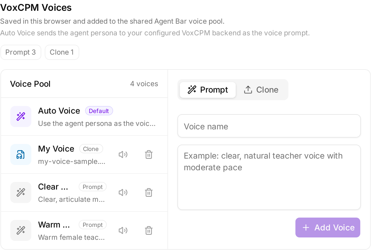 VoxCPM2 VoxCPM Voices section with Auto, Prompt and Clone modes