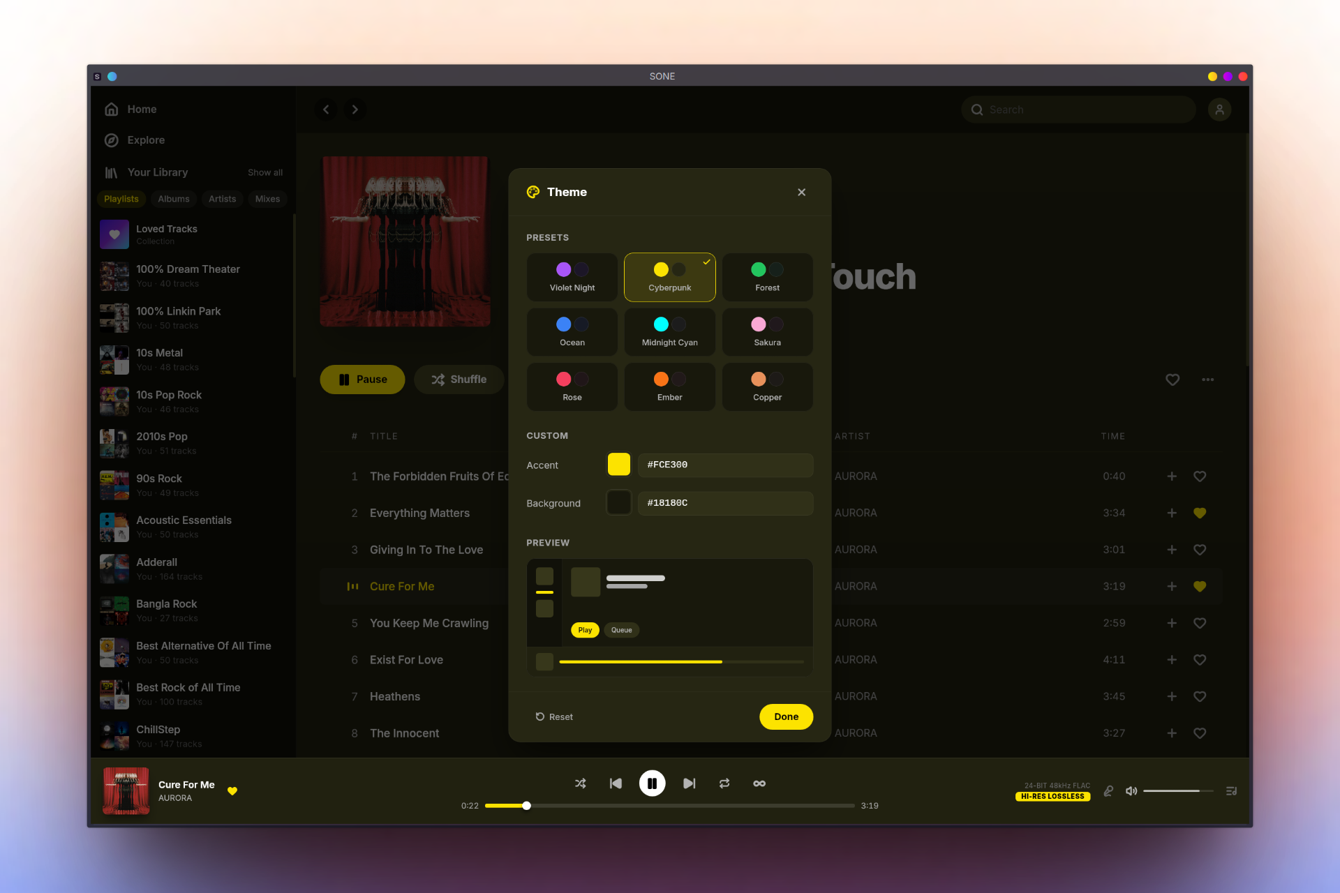 SONE custom theme — native Linux music player with full color customization