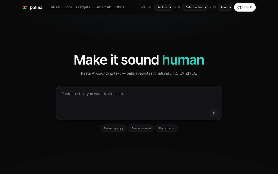 Live screen capture of the hosted patina playground at patina.vibetip.help: an AI-sounding English announcement is typed in, rewritten naturally by the real server-side pipeline while the facts survive, and verified with MPS 100 and Fidelity 75 plus a deterministic AI-signal drop from 100 to 0