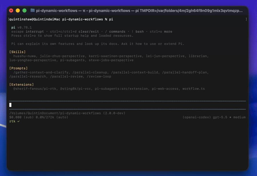 A real pi-dynamic-workflows run showing parallel agents and live progress