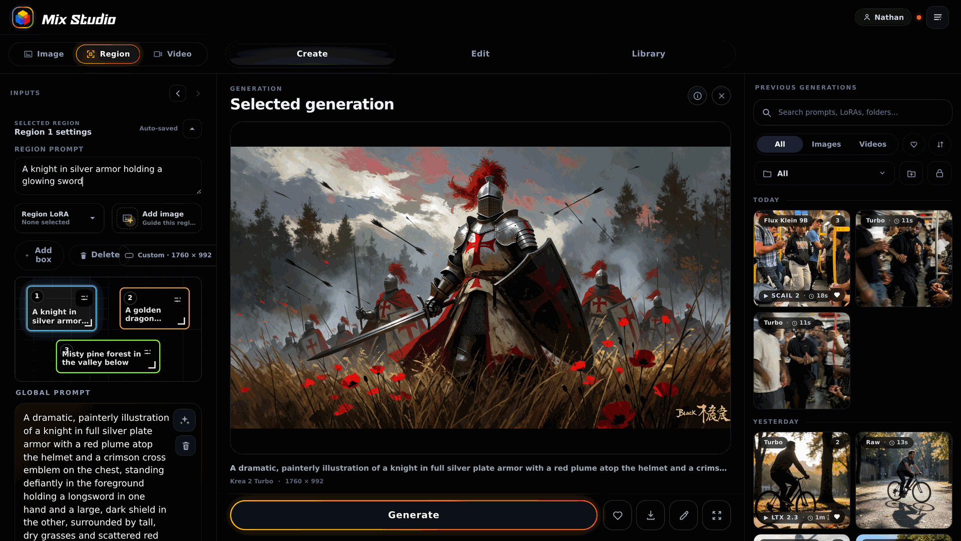 Region editor with three color-coded prompt boxes on the canvas
