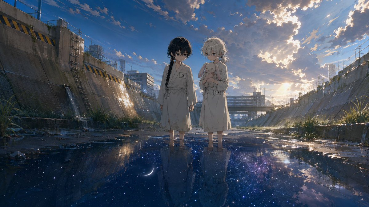 Comic / Storyboard - Anime Girls in Starry Flooded Canal - Image 1