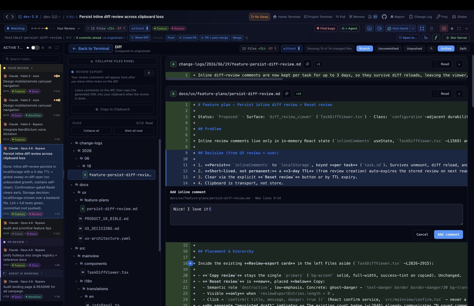 Built-in diff viewer with an inline comment being written on a line range