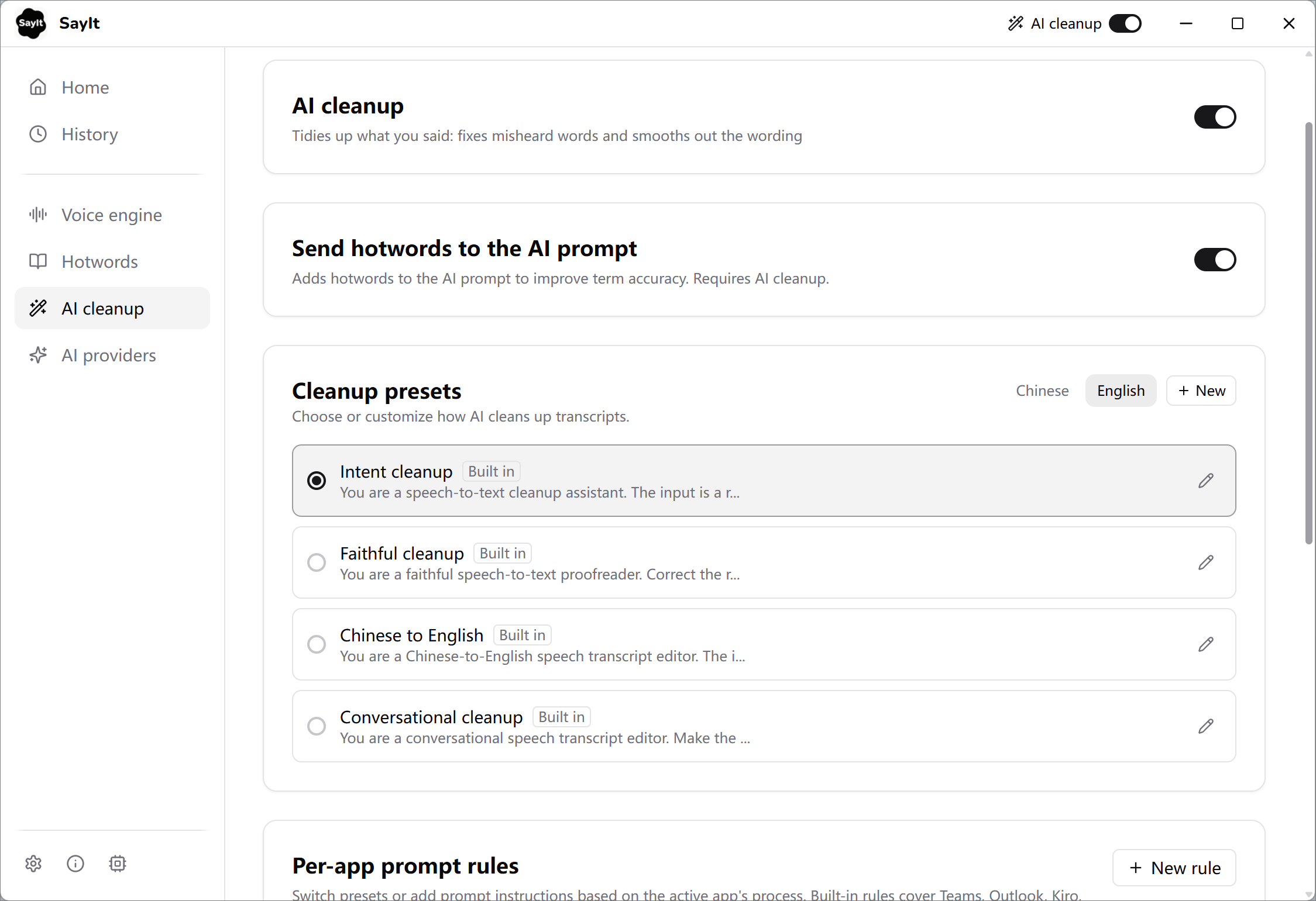 AI cleanup settings showing built-in presets and per-app prompt rules