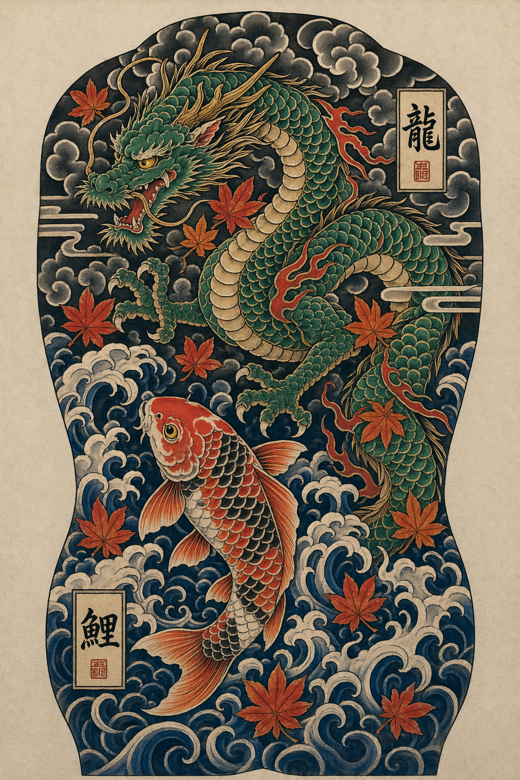 Japanese traditional dragon and koi tattoo back-piece design