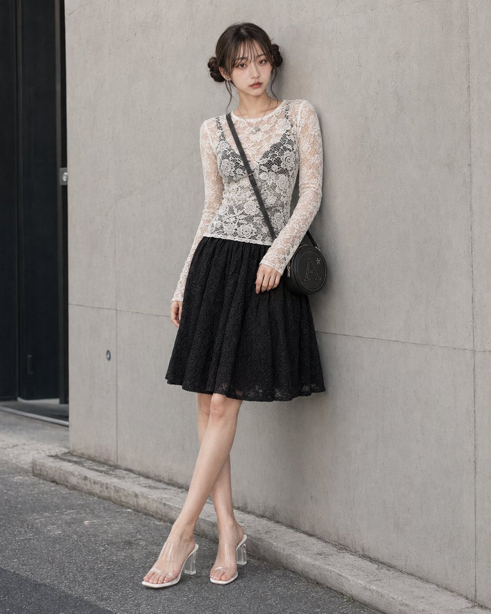 E-commerce Main Image - Ivory Lace Top and Black Mesh Dress Specification - Image 2