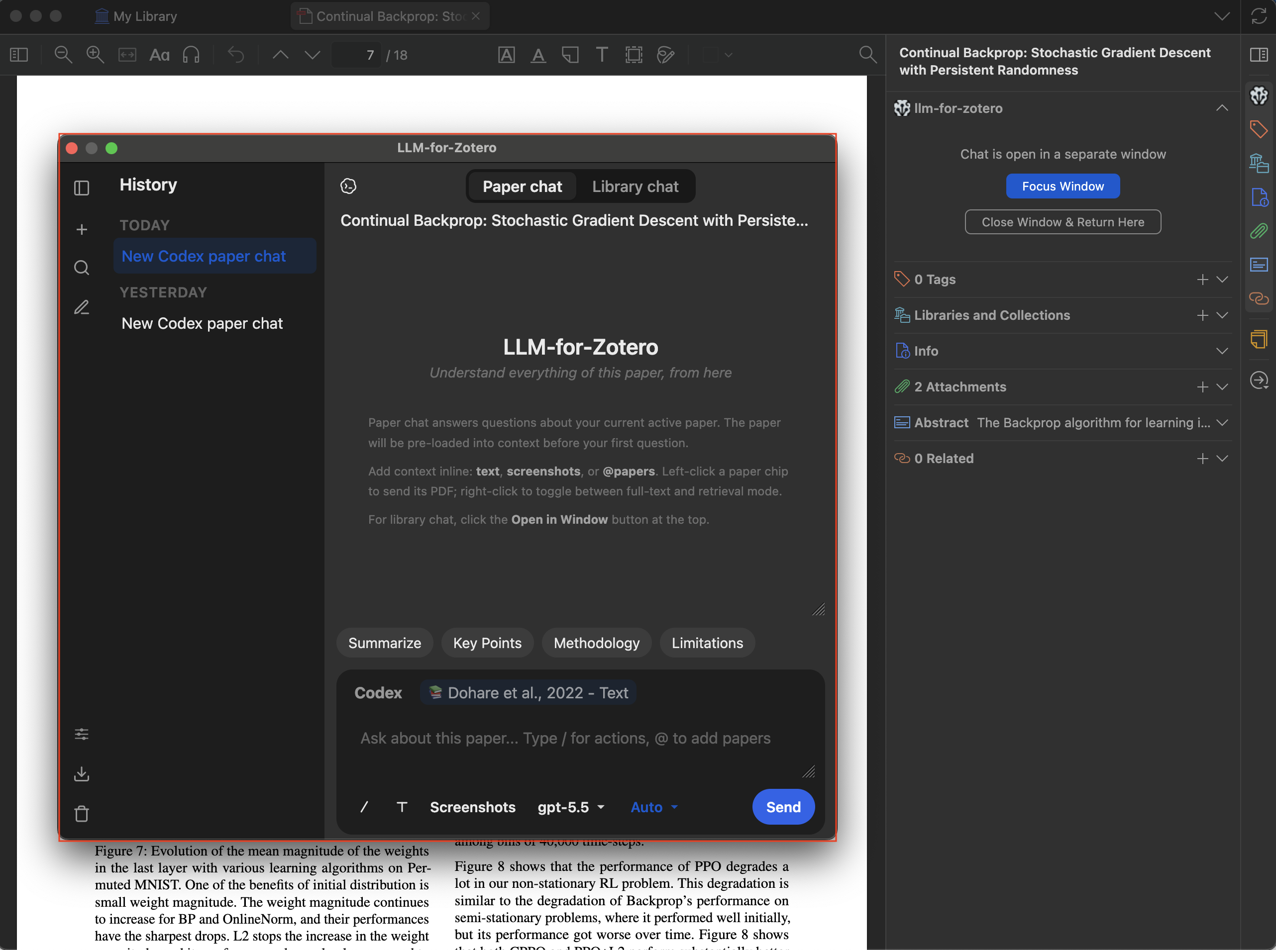 Screenshot of the llm-for-zotero sidebar inside the Zotero PDF reader