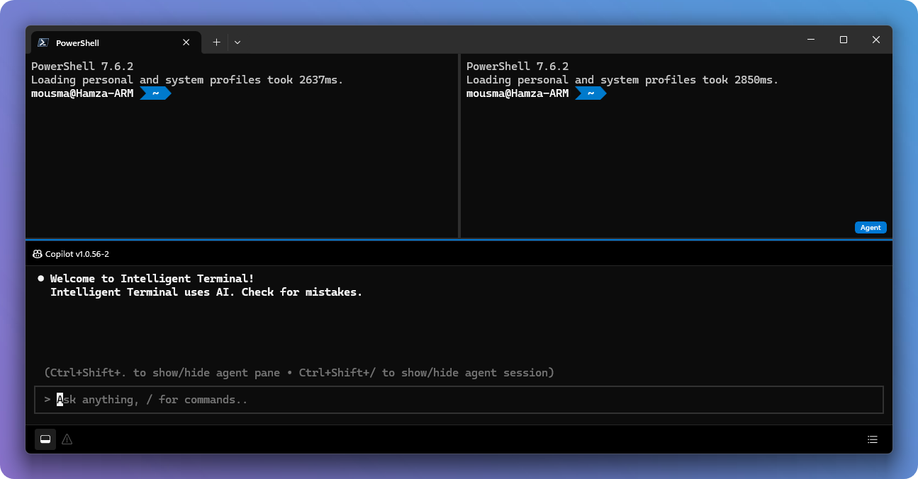 Screenshot of the agent pane with focus, showing multiple panes