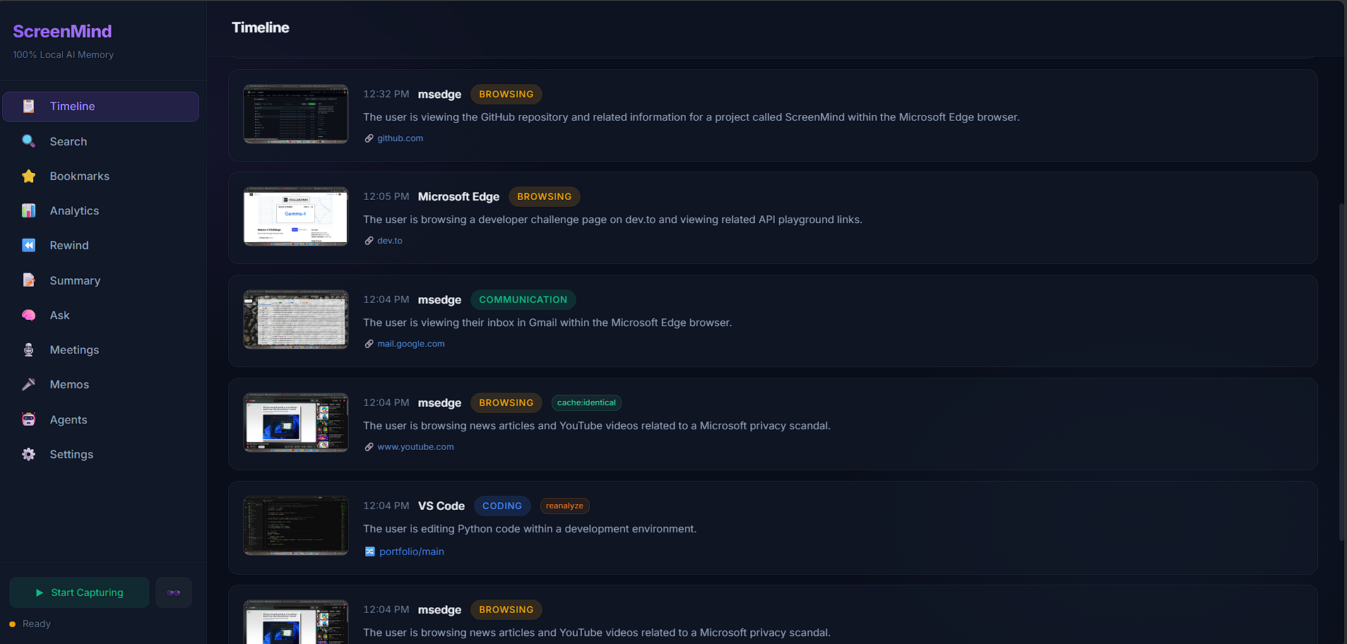 Timeline — AI-analyzed screen activity feed