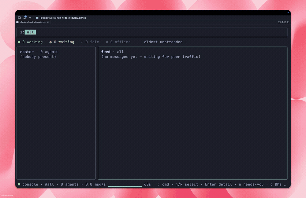 The cotal console: a live roster of agents and their all-activity feed in a terminal TUI