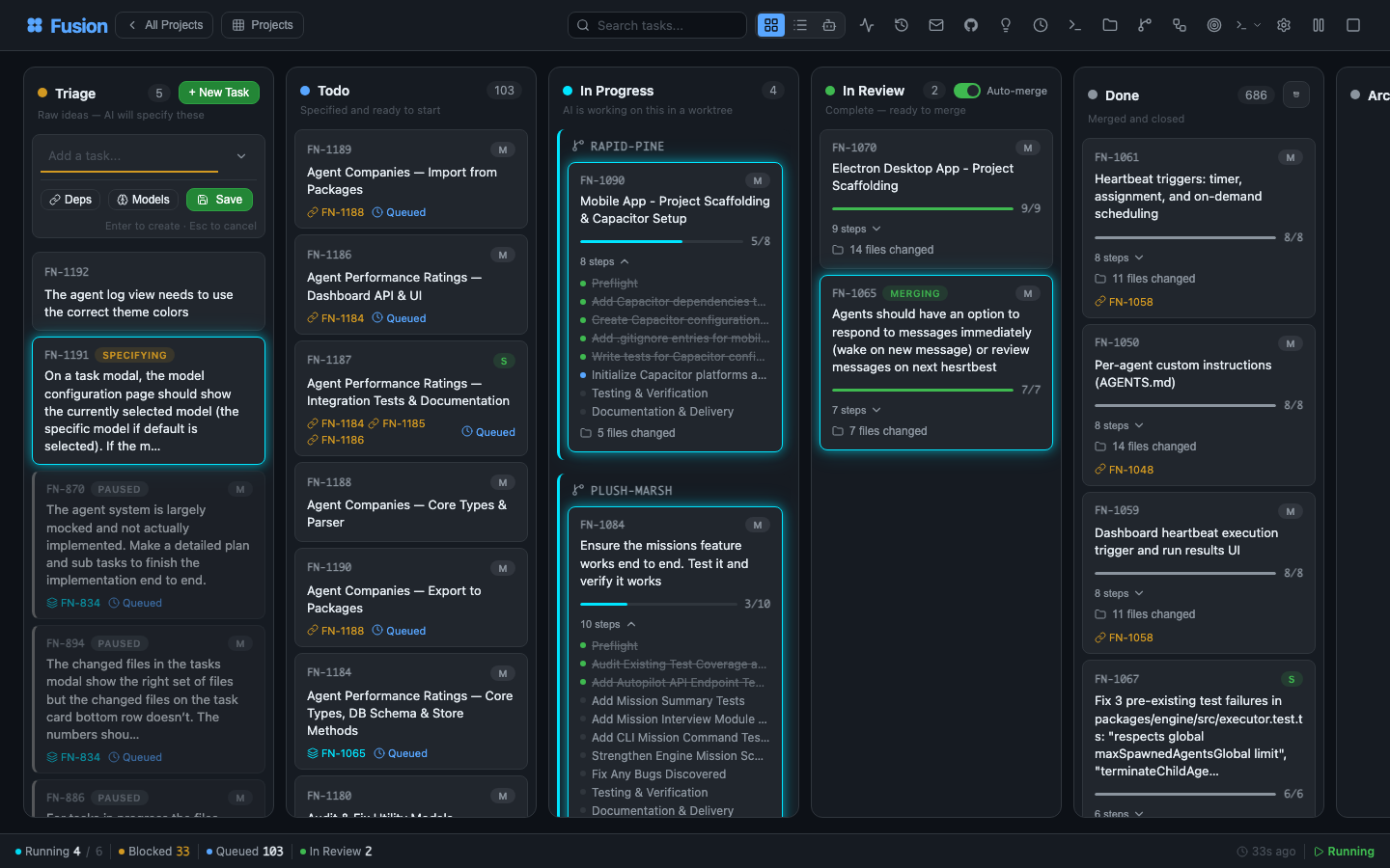 Fusion dashboard: Planning, Todo, In Progress, In Review, Done kanban columns with active task cards