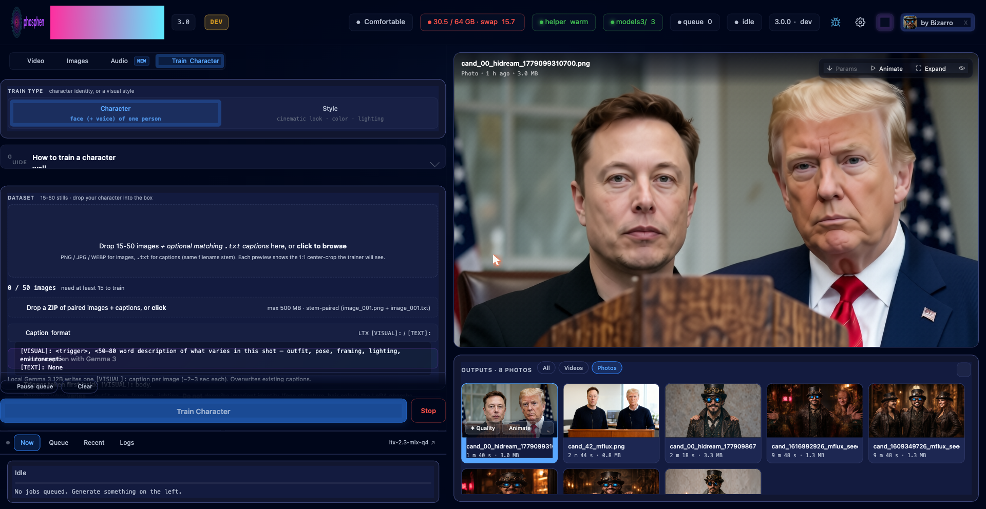 Train Character tab — dataset + auto-caption + voice LoRA