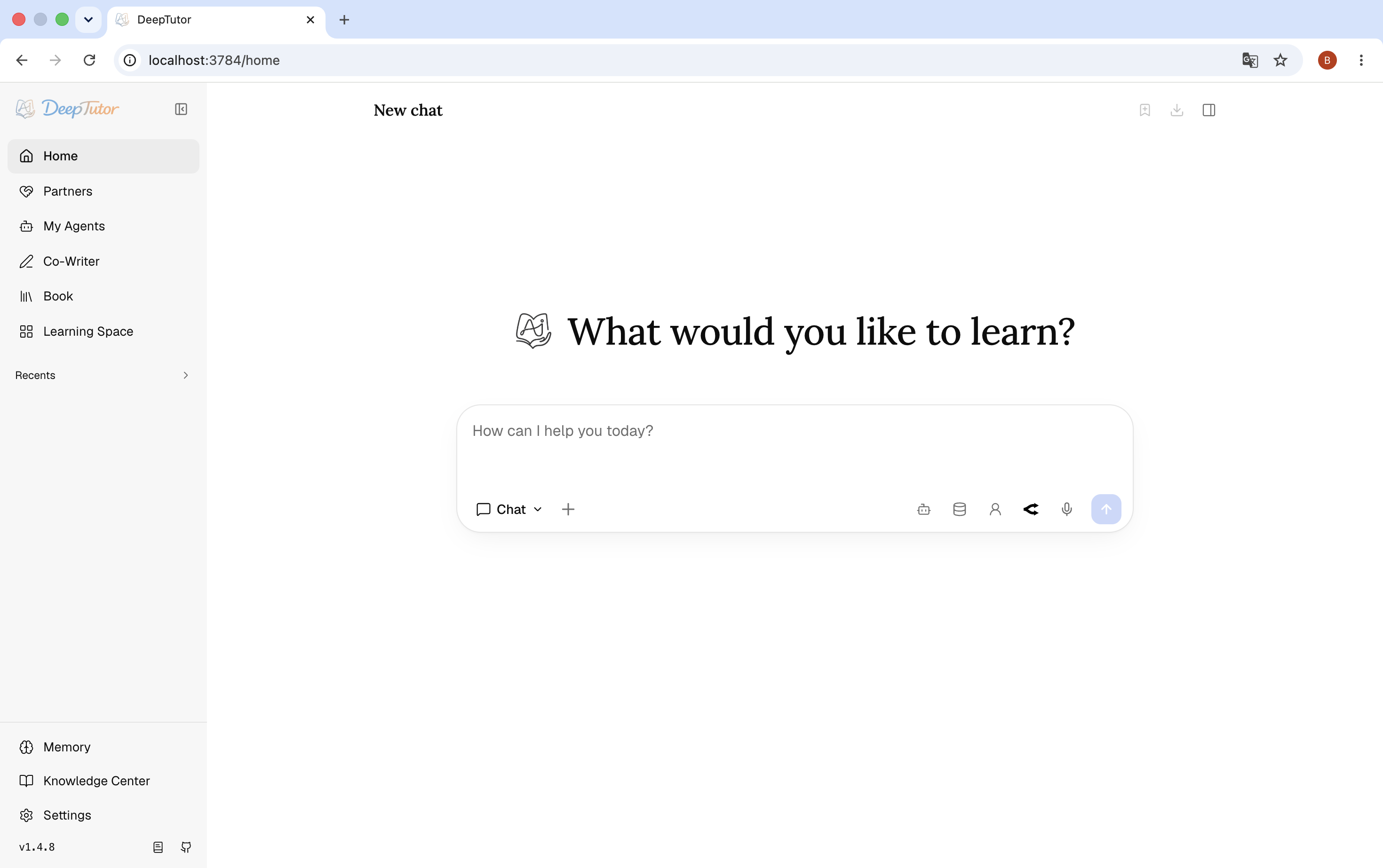 DeepTutor home — the Chat workspace with every surface in the sidebar