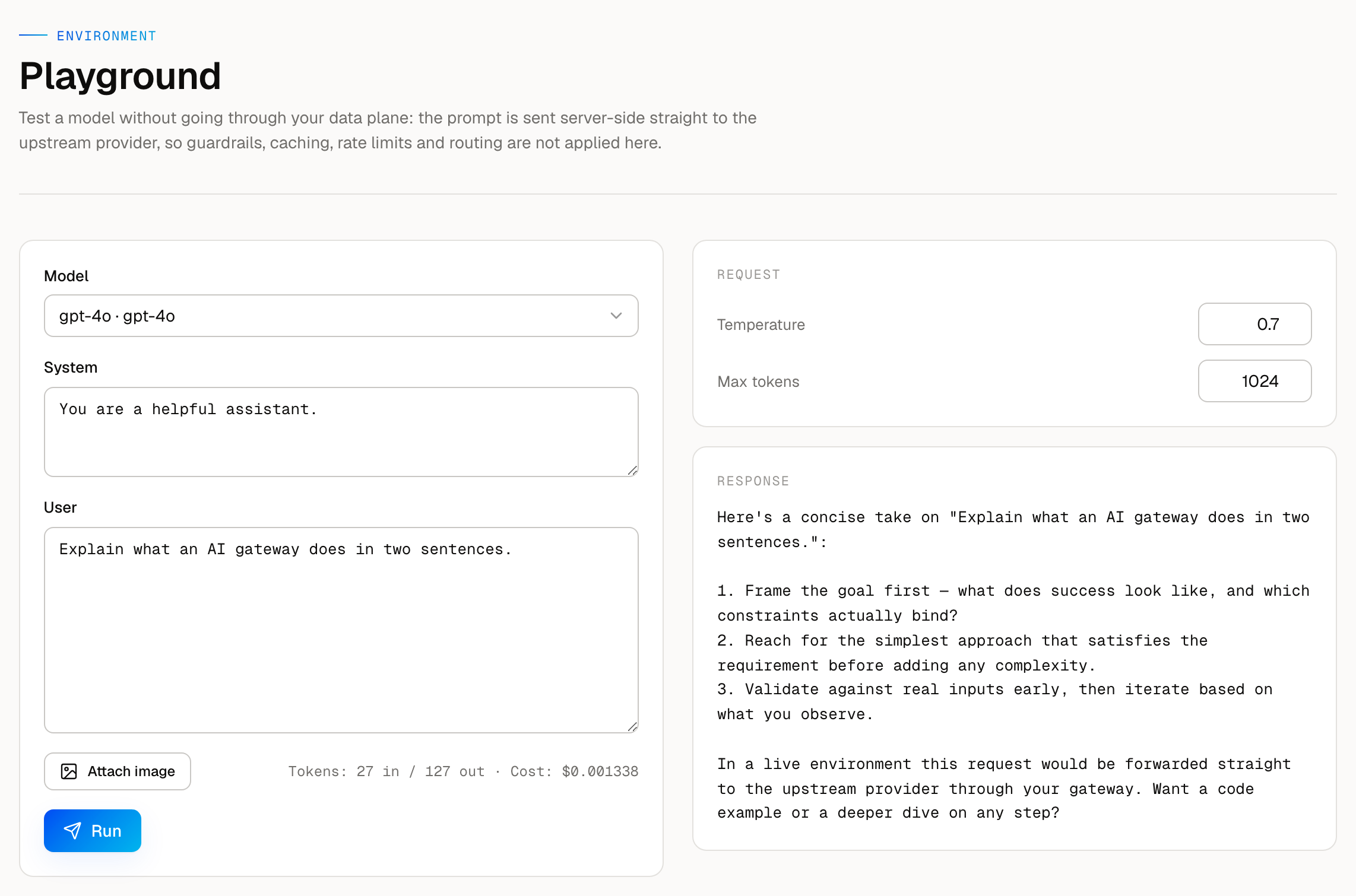 AISIX Cloud playground — pick a model, set system and user prompts, run, and read the response with live token and cost metering