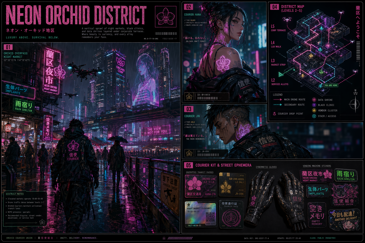 Neon Orchid District cyberpunk design board