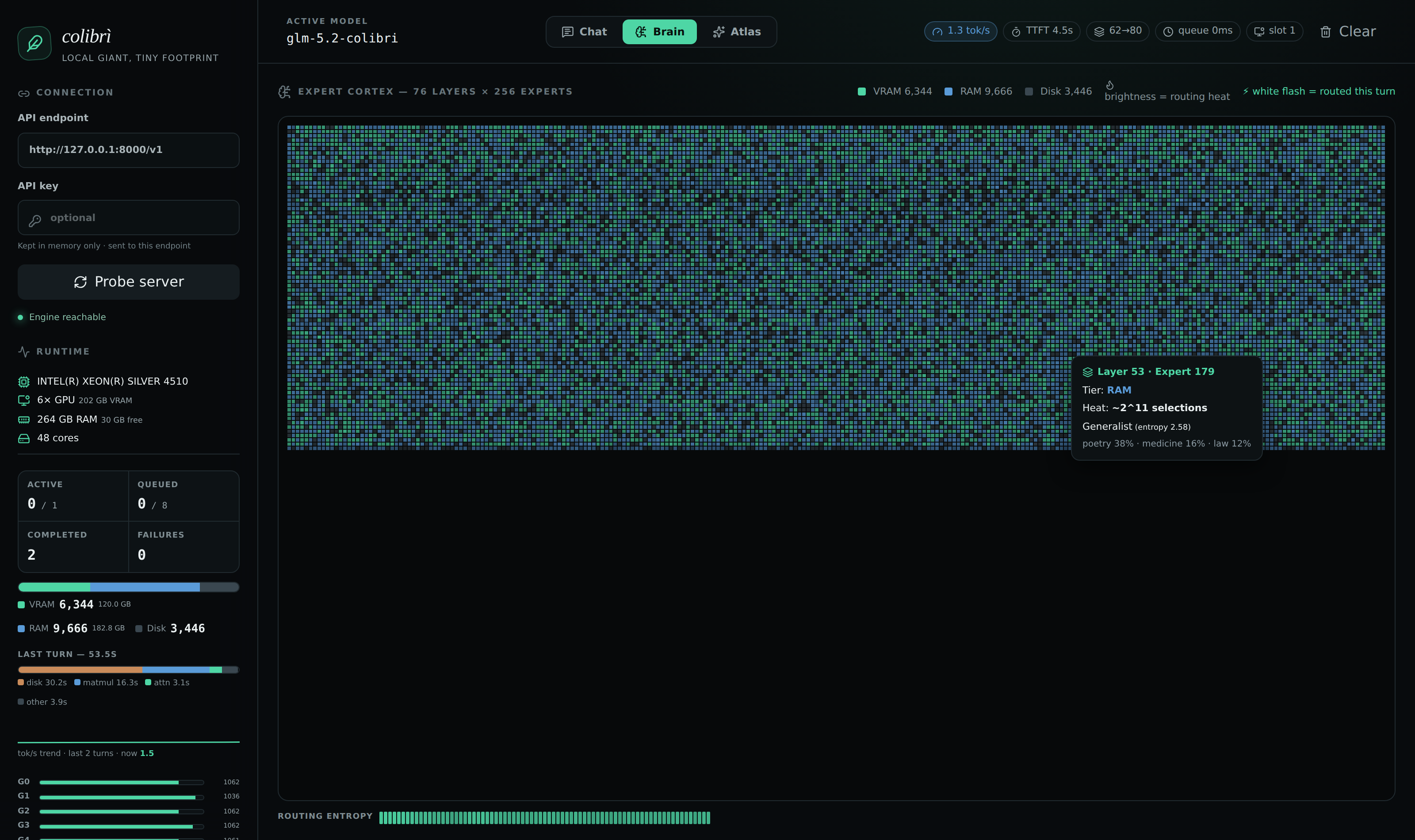 the Brain page — 19,456 experts as a live cortex