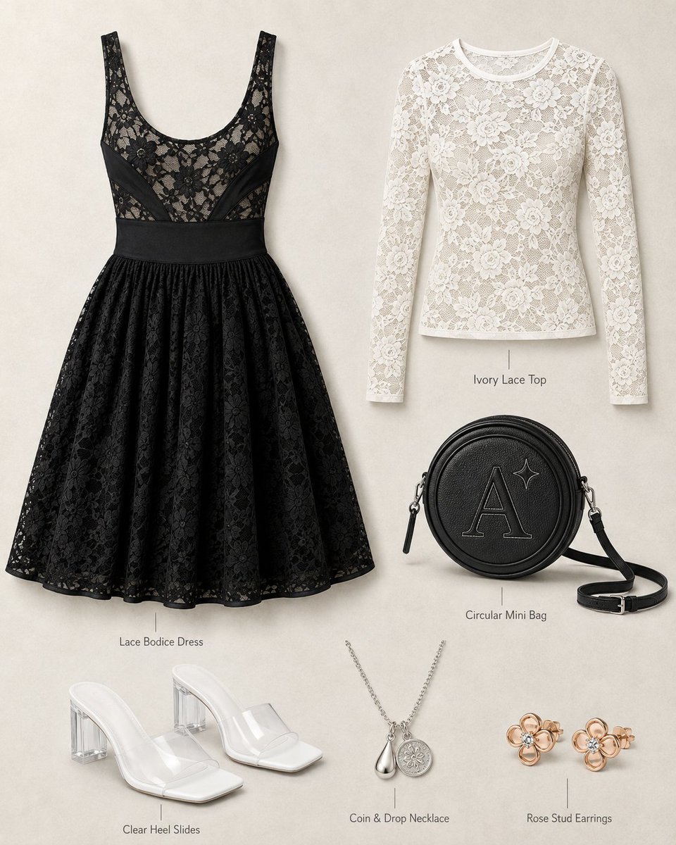 E-commerce Main Image - Ivory Lace Top and Black Mesh Dress Specification - Image 3