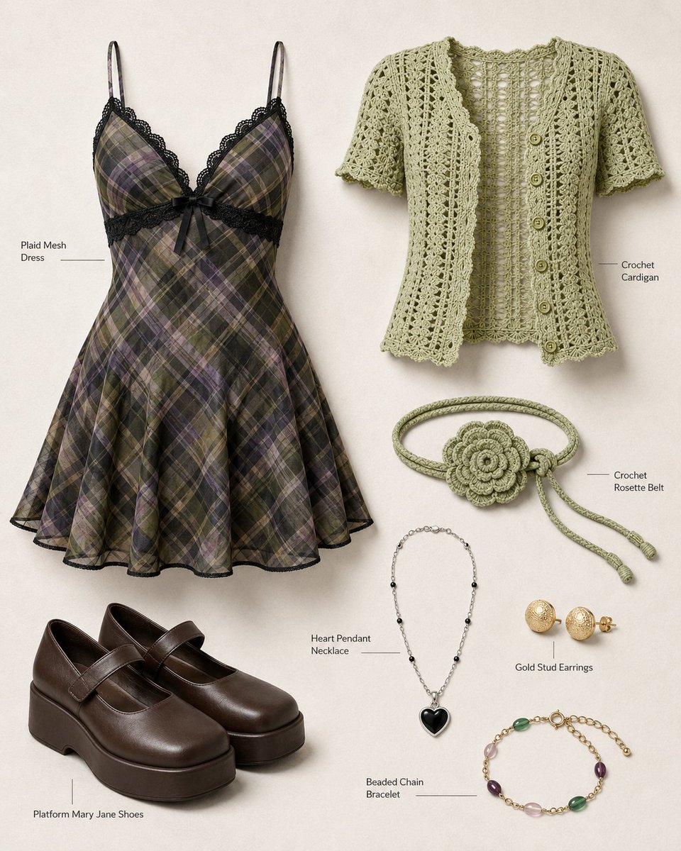 E-commerce Main Image - Pistachio Crochet Cardigan and Plaid Mini Dress - Image 3