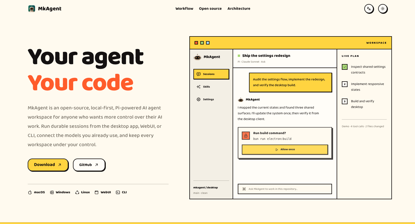 MkAgent local-first, Pi-powered AI agent workspace