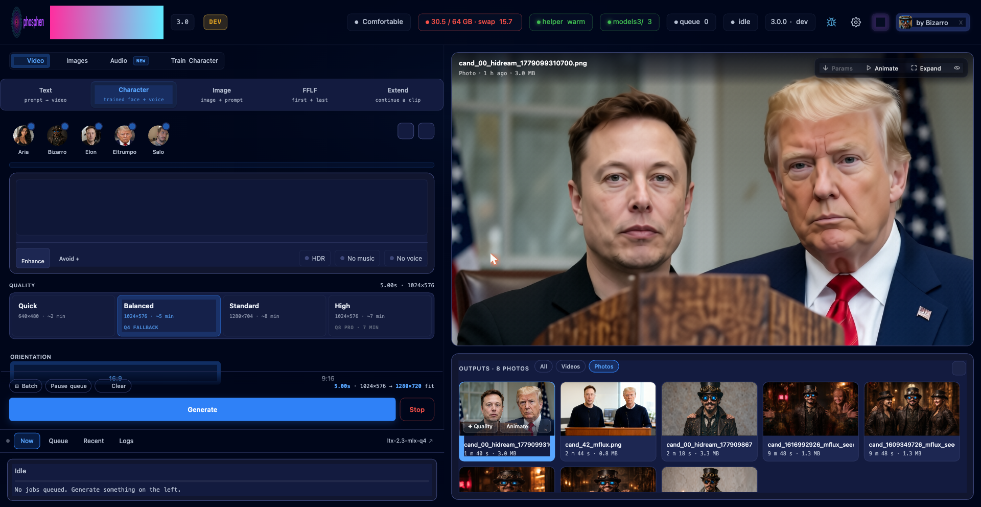Video tab · Character mode — compact avatar picker