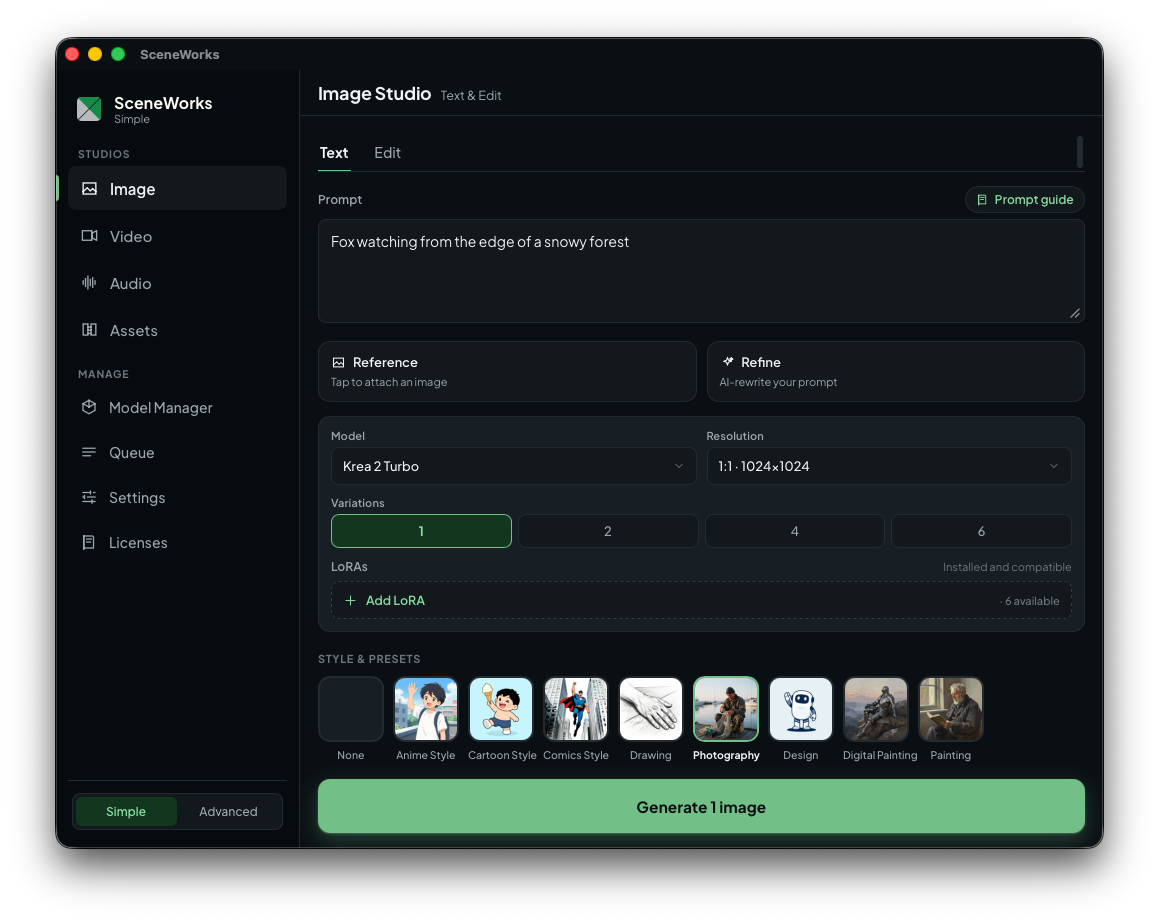SceneWorks Simple shell on the desktop app