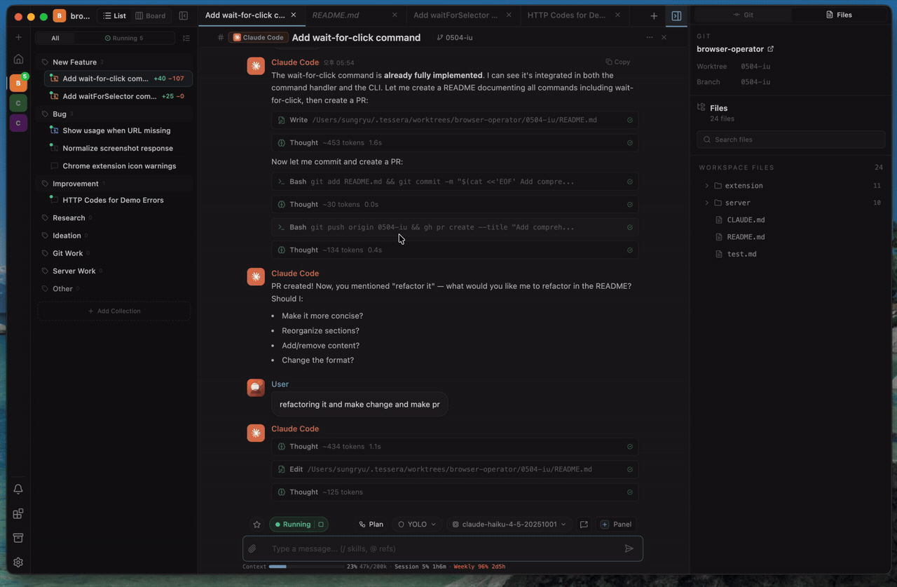 Claude Code, Codex, and OpenCode sessions running together in Tessera