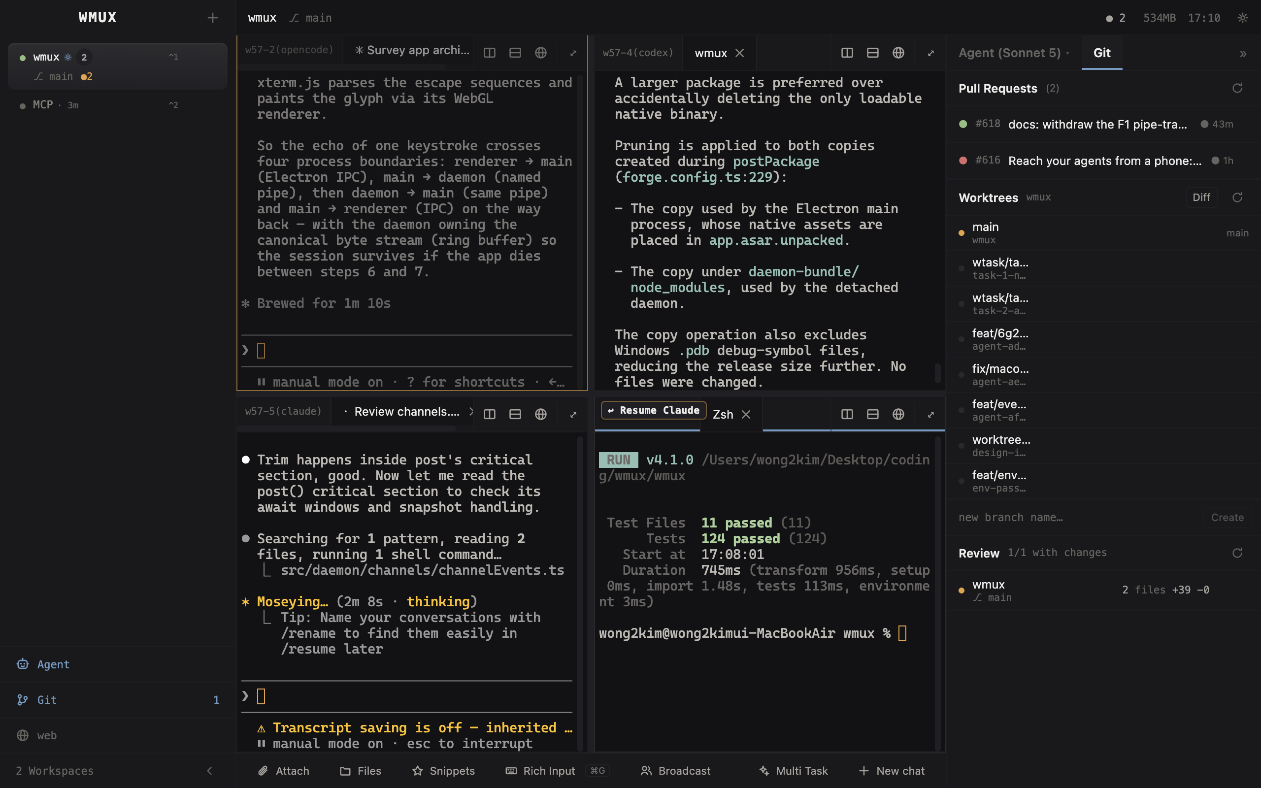 Git tab — pull requests and worktrees in the dock, workspace diff open