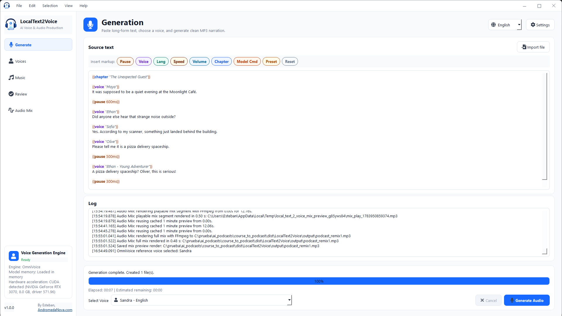 LocalText2Voice editor with custom markup commands for voice, language, pauses, speed, volume, and model parameters