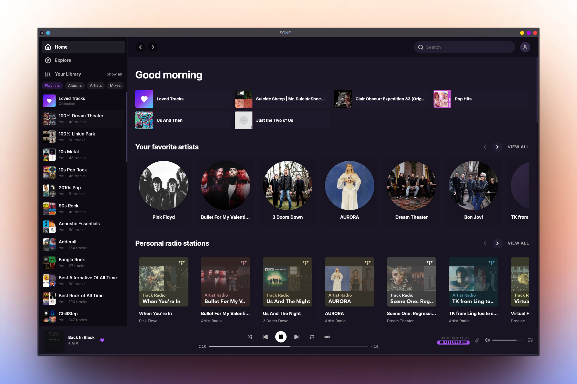 SONE Linux TIDAL client — home page with lossless streaming library