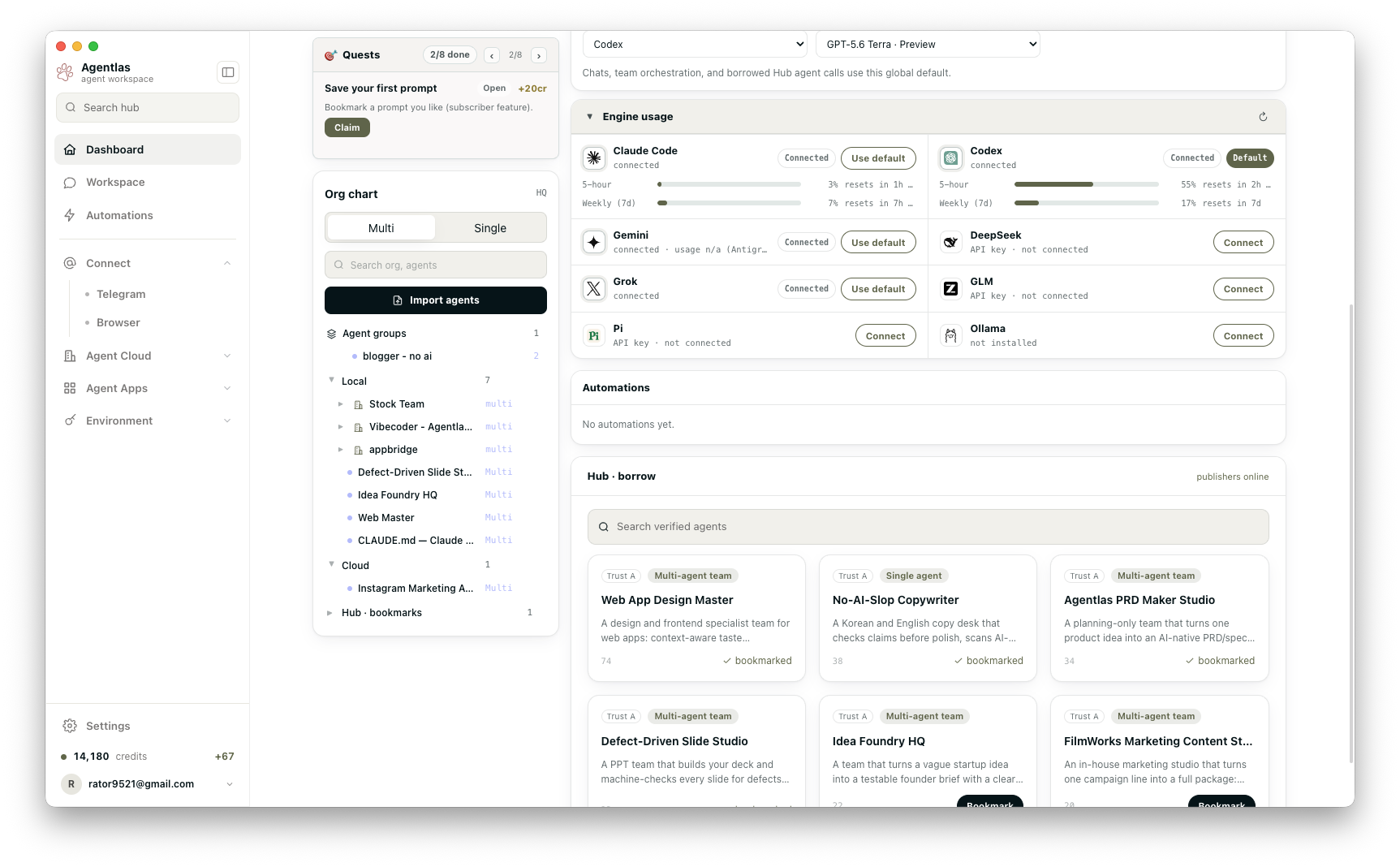Agentlas Desktop dashboard with local agents, owner-private Agent Cloud, Hub specialists, connected model hosts, and automations