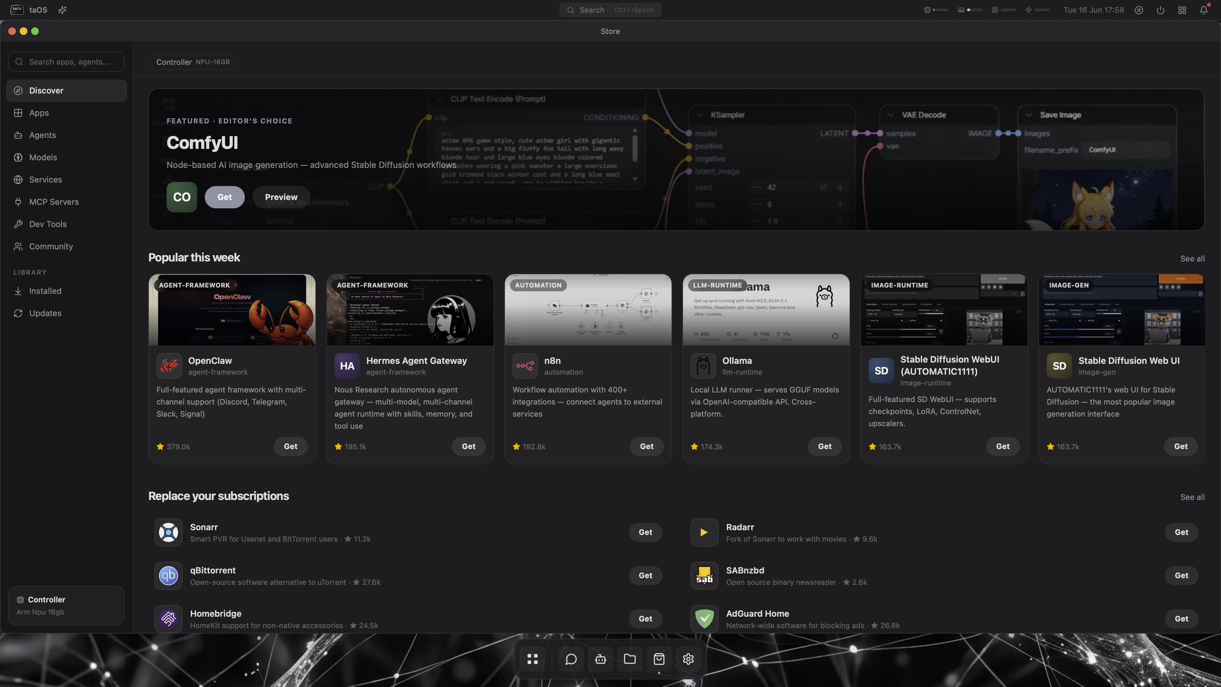 App store -- 109 catalog apps, 17 agent frameworks, hardware-filtered