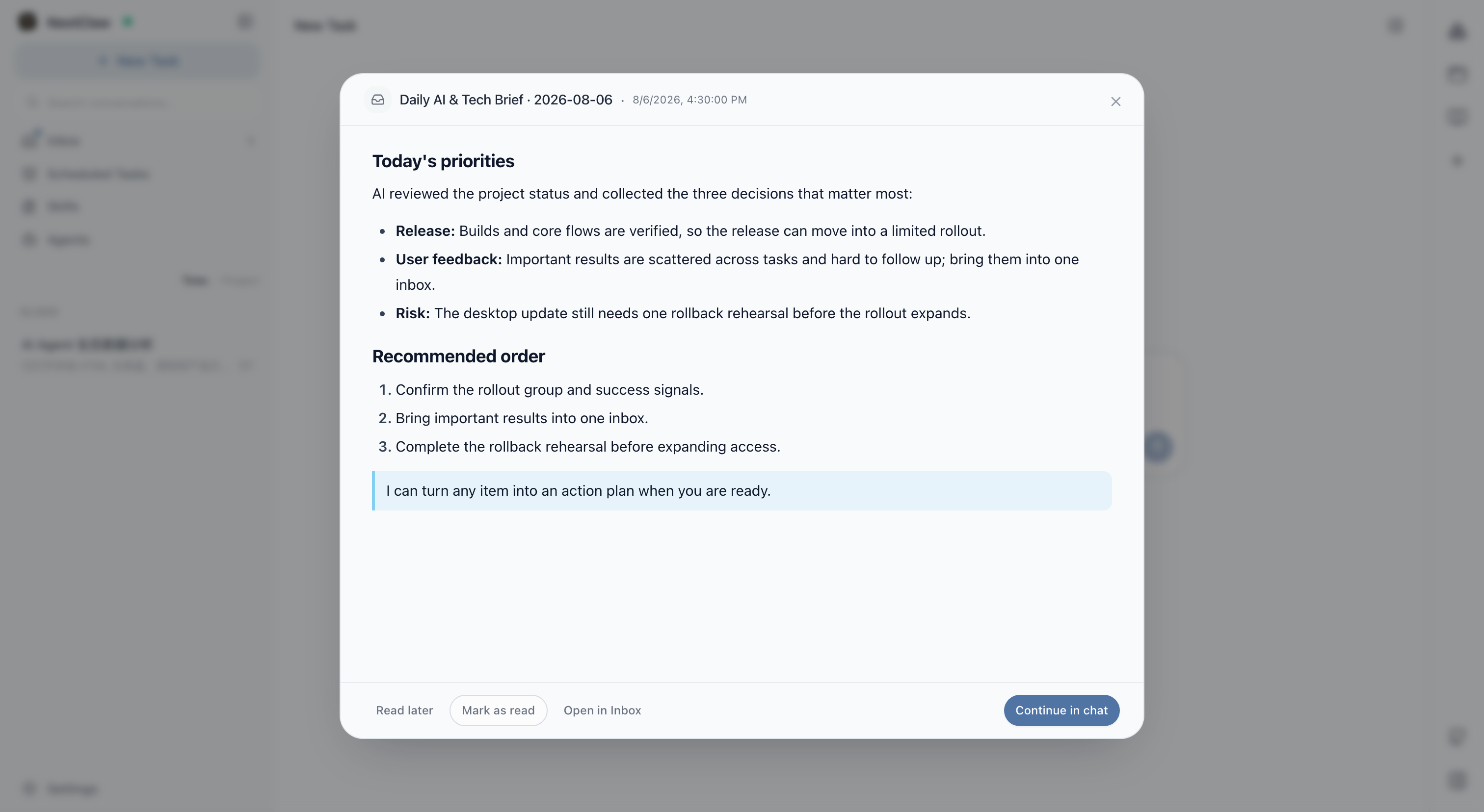 NextClaw delivering a project brief to the AI inbox