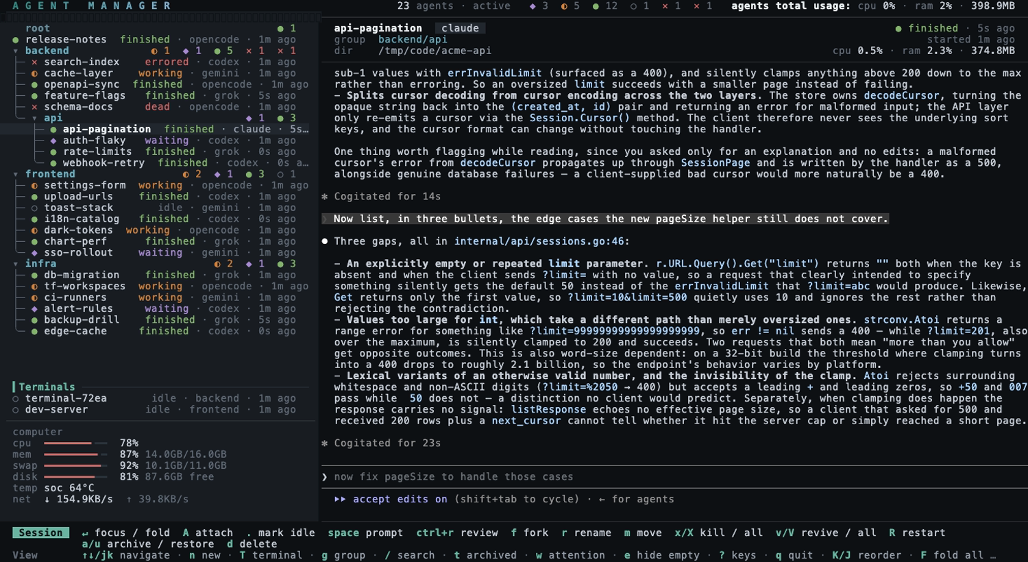 the session tree, with a waiting agent's permission prompt in the preview