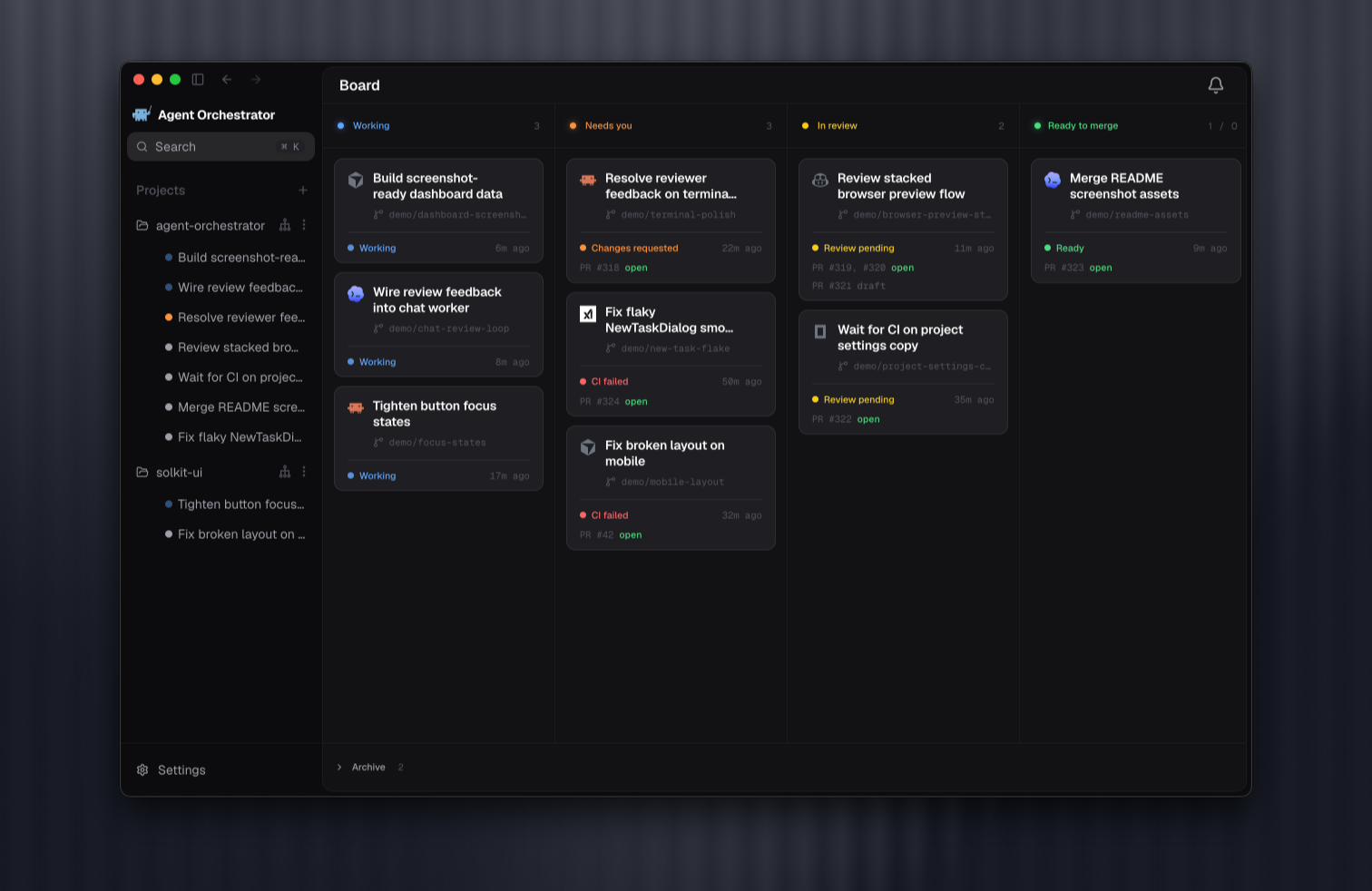 Agent Orchestrator Kanban showing worker sessions grouped by live status