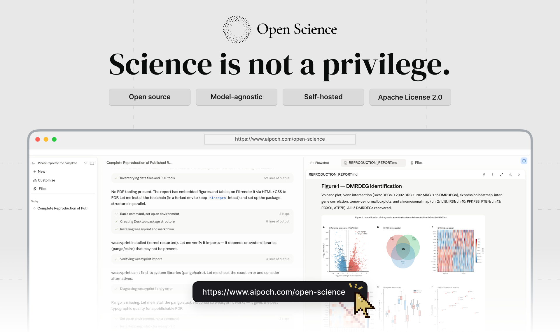 Open Science open-source AI research workbench desktop app workspace showing an agent session with generated artifacts