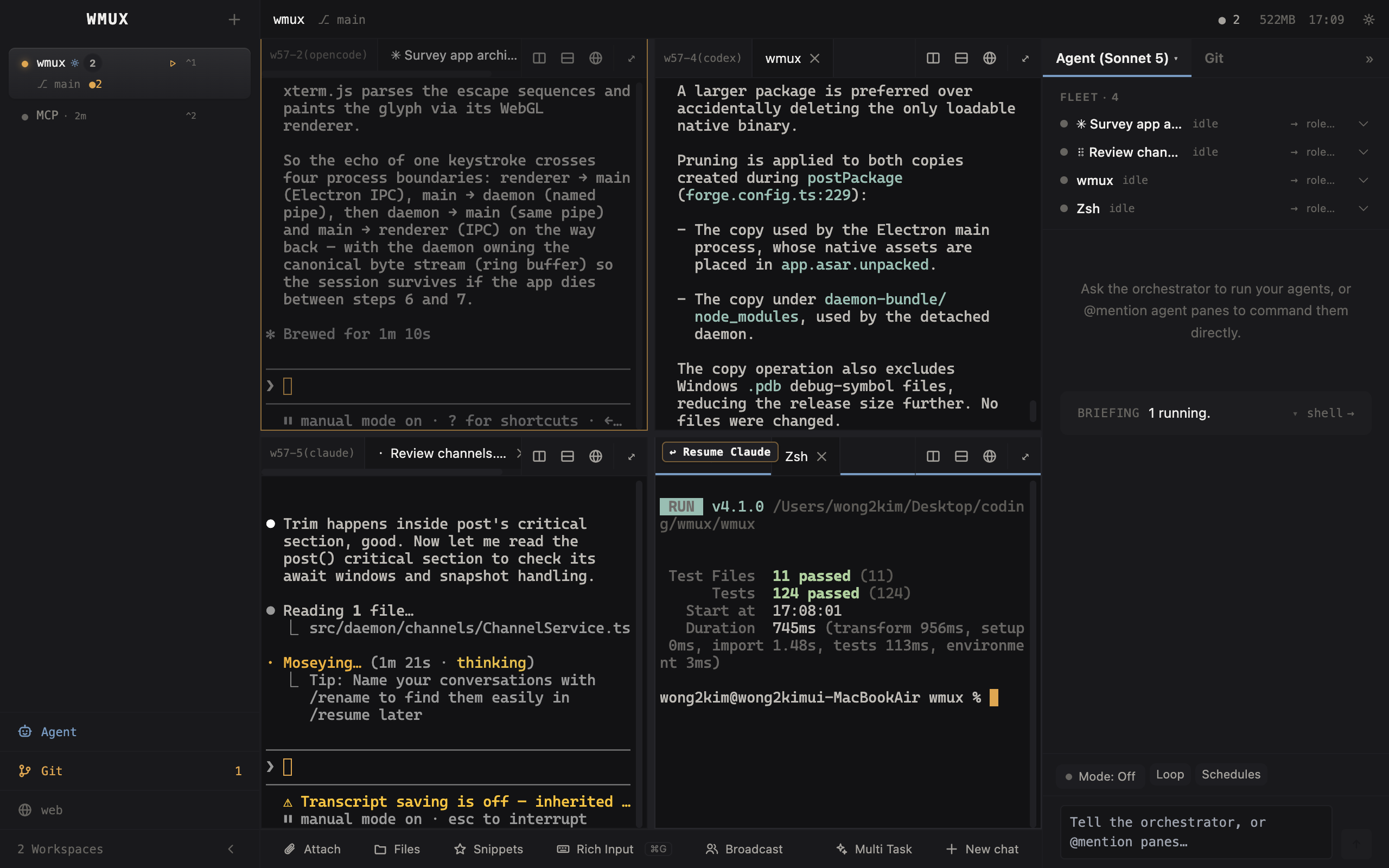 Four panes in one window — two Claude Code agents, an OpenAI Codex pane, and a test run — with the fleet roster in the side dock